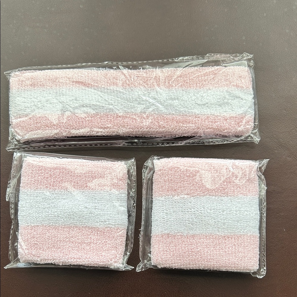 Pink & White Terry Headband + Wristbands Set | New With Tags | Fitness Yoga Spa